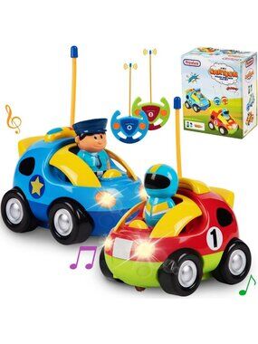 2 Pack Cartoon Remote Control Cars for Toddlers - Police & Race Car Set, Lights